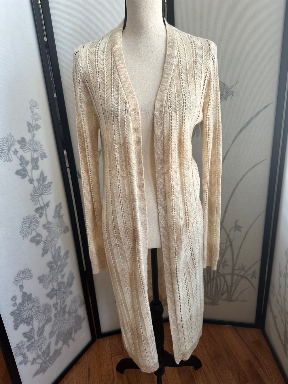 Long Open-Front Cream Knit Women's Sweater Cardigan